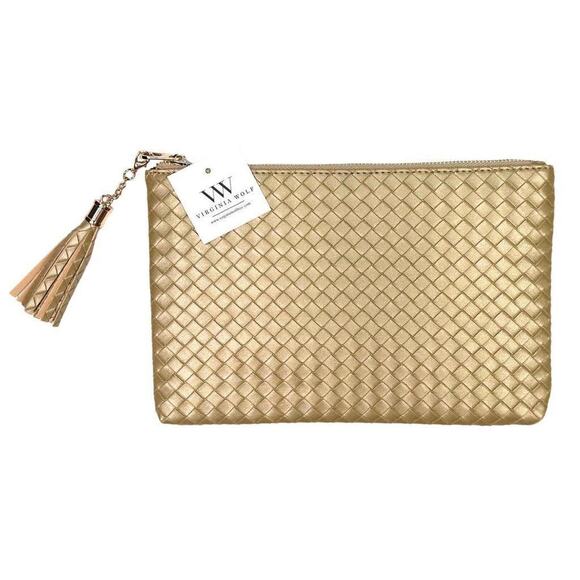 Virginia Wolf Leather Metallic Gold Woven Clutch Cosmetic Bag NWT - Picture 2 of 9